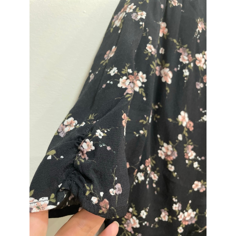 Bardot Black Dark Floral Tie Front Mini Dress 10 Large Grunge Cottage Romantic - Picture 2 of 9